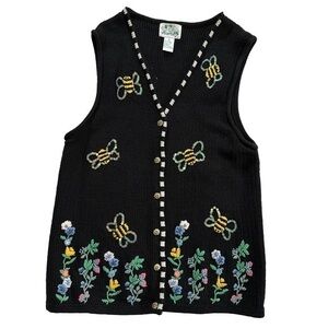 The Quacker‎ Factory Bee Embroidered Sequins V Neck Sweater Vest Size Medium